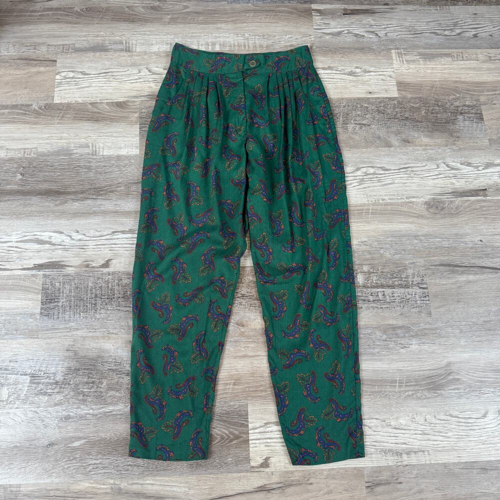 Vintage Diane Von Furstenberg Rayon Paisley Pleated High Rise Pants Green 90s 12